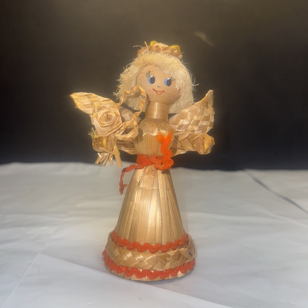 Primitive handmade Straw Angel Handpainted Face 5"‎ Tree topper
